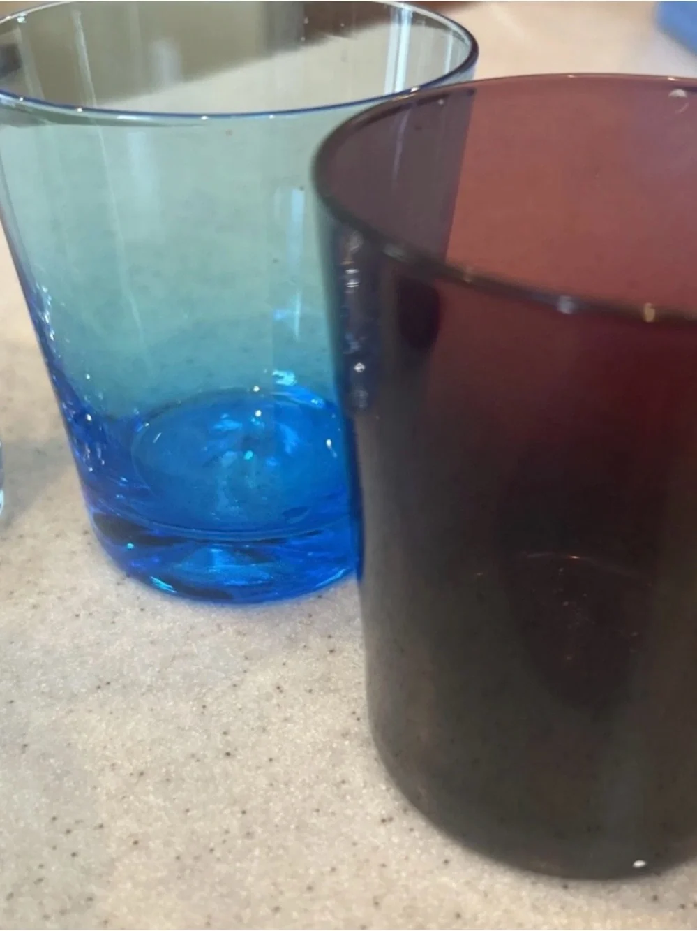 4 Vintage Colored Glass Tumblers - Blue/Red/Green/Clear-3 1/2”